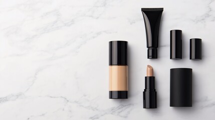Obraz premium Stylish black makeup containers arranged on a marble surface highlighting beauty products and modern design elements. Generative AI