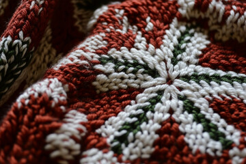 Festive Hand-Knitted Pattern with Red, White, and Green Threads