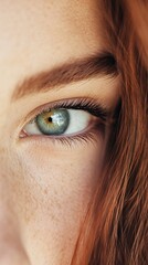 Fototapeta premium Close view of a young person's striking emerald eye with vibrant hues and natural freckles, showcasing unique beauty and detail. Generative AI