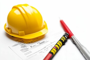 Yellow hard hat, paperwork, and voltage tester.