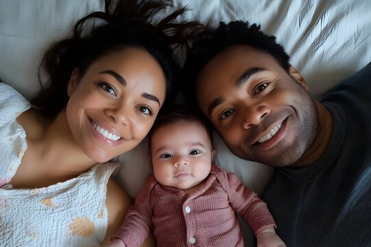 A selfie of a cute baby cuddled in the care and love of a mother and father. maternity, paternity. - Powered by Adobe