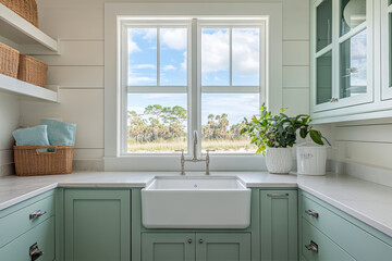 Fototapeta premium Coastal Farmhouse Laundry Room Featuring Pastel Blue Cabinetry and a Scenic View