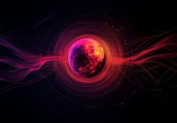 An Abstract Visualization of a Magnetic Field with Glowing Lines and Arrows Illustrating the Flow of Magnetic Force Encircling a Central Object in a Dark, Vacant Space. Abstract graphic design