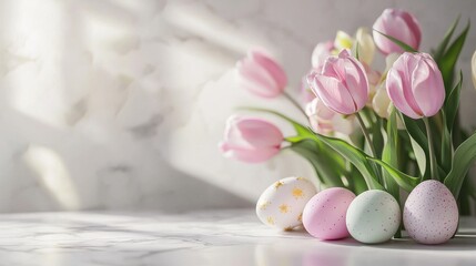 A beautiful arrangement of soft pink tulips alongside pastel-colored Easter eggs, capturing the spirit of spring and celebration with delicate floral accents.
