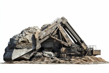 Fototapeta premium Large excavator lifting rocks, dirt pile.