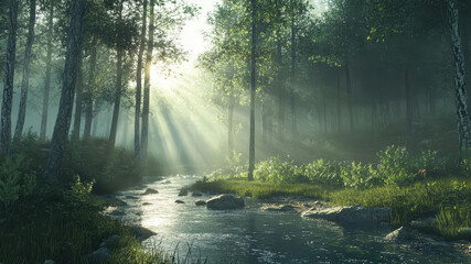 Obraz premium Sunlight Filters Through Trees Over a Serene Stream in an Early Morning Forest