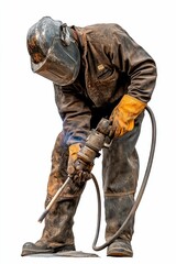 Dirty welder uses torch, intense focus.