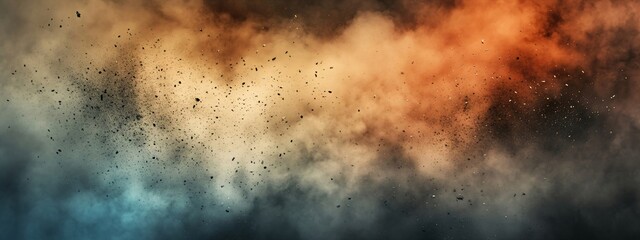 Abstract background with fire particles and sparks, smoke, debris and noise after natural disaster, catastrophe or bomb explosion. War, military operation concept. Backdrop for design war game