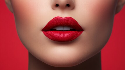 Obraz premium Close-up of vibrant red lips against a bold red background highlighting beauty and makeup artistry. Generative AI