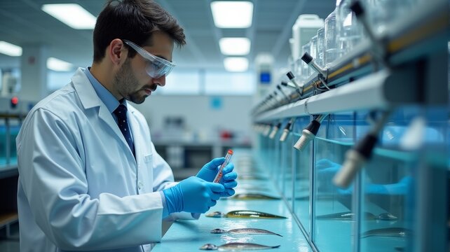 Scientist Conducting Research on Marine Biology in a Laboratory Setting, Wearing Protective Gear, Focused on Experiment with Fish Samples