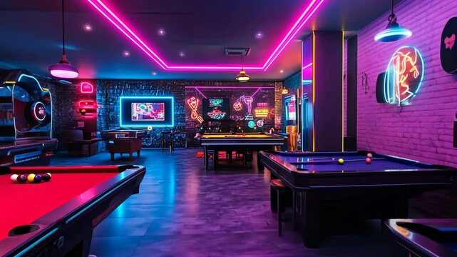 A retro-futuristic gaming lounge featuring pool tables, a vibrant environment with neon lights, and various gaming consoles creating a lively atmosphere. Video