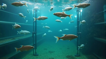 Obraz premium Underwater Scene Featuring Schools of Fish Swimming Gracefully Through a Sunlit Aquarium with Transparent Water and Scenic Background Structures