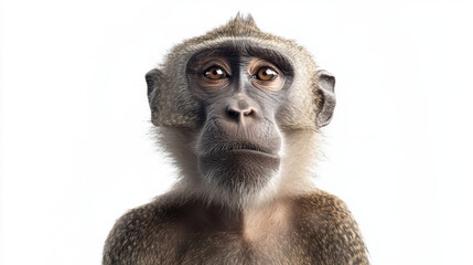 Close-up of a contemplative monkey against a bright white background, showcasing intricate facial details and expressive eyes.