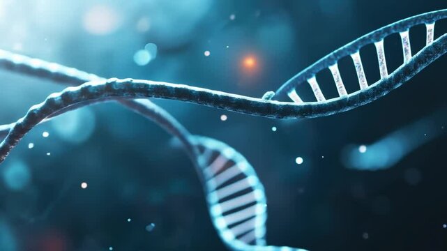 DNA Double Helix: A mesmerizing close-up of a DNA double helix, a complex structure of life's building blocks, rendered in stunning 3D detail. The image evokes wonder and mystery.