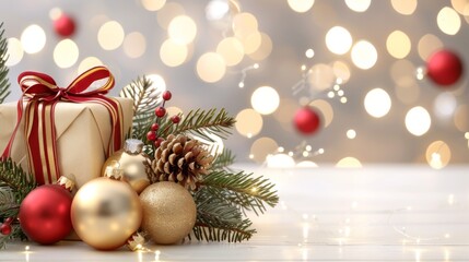 Obraz premium Christmas decorations illuminate with gold glittering accents, creating an abstract glow light texture. The shimmering ornaments and festive lights capture the essence of the holiday season, blending 