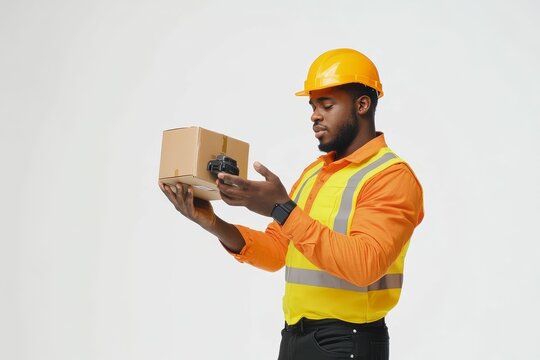 Worker scans package with handheld device.