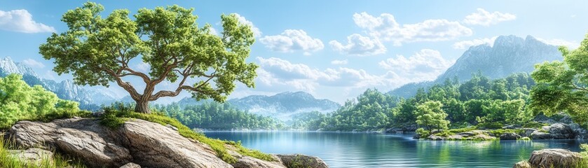 Obraz premium A serene landscape featuring a calm lake, lush greenery, and majestic mountains, ideal for nature lovers and relaxation.