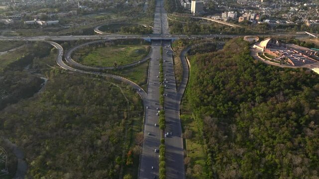 Islamabad Expressway, Faisal Avenue, A beautiful Road And margalla hills with Faisal Faisal Mosque drone view, Aerial.
