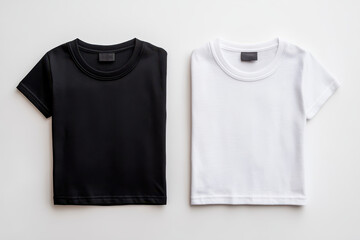 Naklejka premium Two t-shirts, one black and one white, displayed flat on a white background