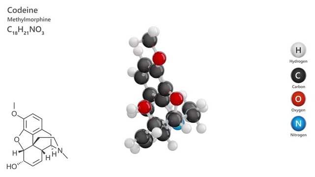 Codeine. Drug. Animated 3D model of a molecule. Molecular formula: C18H21NO3. Chemical model: Ball and sticks. White background. 3D rendering. Seamless loop.