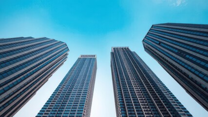 Obraz premium Tall skyscrapers reaching up towards a clear blue sky, skyline, business district