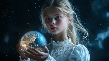 Naklejka premium With captivating eyes, a girl holds a shimmering globe, reflecting both the beauty of Earth and the delicate balance of nature while inviting viewers into a world of dreams and possibility.
