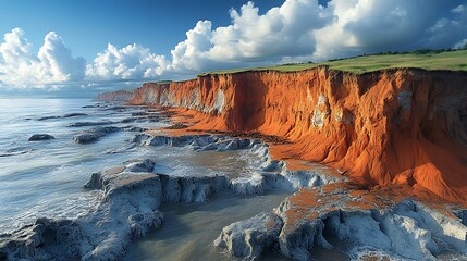 A coastal area with eroded cliffs and submerged land due to rising sea levels 