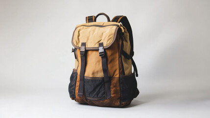 A rugged canvas backpack featuring earthy tones of brown and tan, suitable for outdoor adventures and urban commuting.