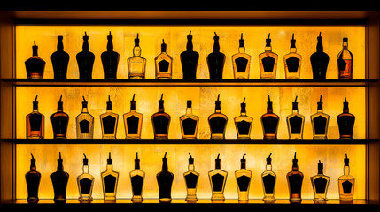 Great number of alcohol bottles on shelves in a bar, amber yellow lighting