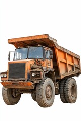 Obraz premium Orange dump truck, dirty, large tires.