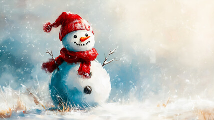 Fototapeta premium Bonhomme de neige avec une écharpe et un bonnet rouges sur fond neutre