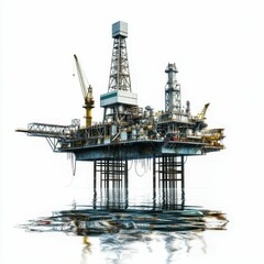 Offshore oil rig platform reflecting in water.