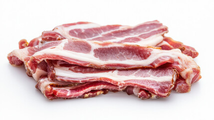 Obraz premium A stack of uncooked bacon slices on a white background, showcasing the marbled texture and rich pink color of the meat with streaks of fat.