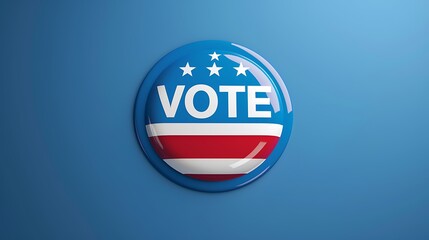 A blue campaign button with "VOTE" prominently displayed, symbolizing civic engagement and the importance of voting.