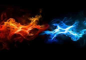Fototapeta premium Red and blue flames on a black background, flames in red, orange, yellow, and white colors, fire, flame, smoke, fire wallpaper, wallpaper with two-colored flames, 