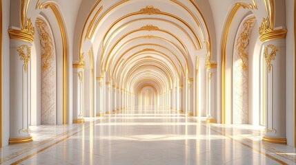 Obraz premium A stunning, spacious hall featuring ornate arches and golden accents, illuminated by soft, natural light for a majestic atmosphere.