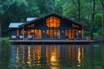 Obraz premium A serene lakeside cabin glowing warmly at dusk surrounded by lush green trees and calm waters reflecting its charm