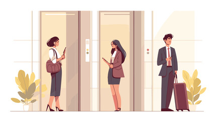 Young Woman Using Smartphone in Elevator with Two People