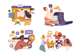 Professional software developers characters coding website, designing application, writing code