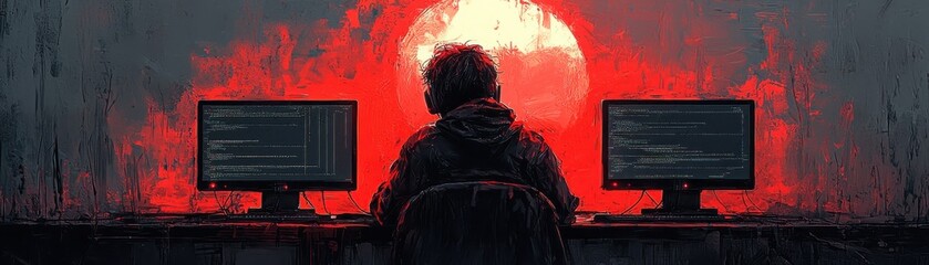 Nostalgic hacking scene urban workspace digital art cyber environment rear view early days of technology