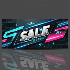 Cyber Monday sale banner with neon lights