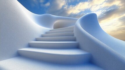 Naklejka premium A surreal staircase leading towards a beautiful sky, symbolizing elevation and aspiration in a dreamy landscape.