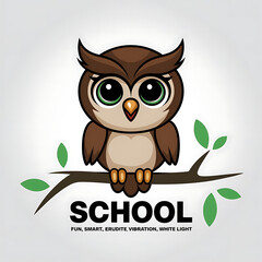 Obraz premium A professional printing of a baby owl in the format of a mascot advertising poster for a school of fun, smart, erudite, travel vibration, white light. The background is a white light.