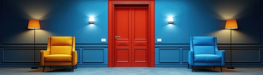 A vibrant and stylish interior with colorful chairs and a striking red door, perfect for modern living spaces and creative environments.