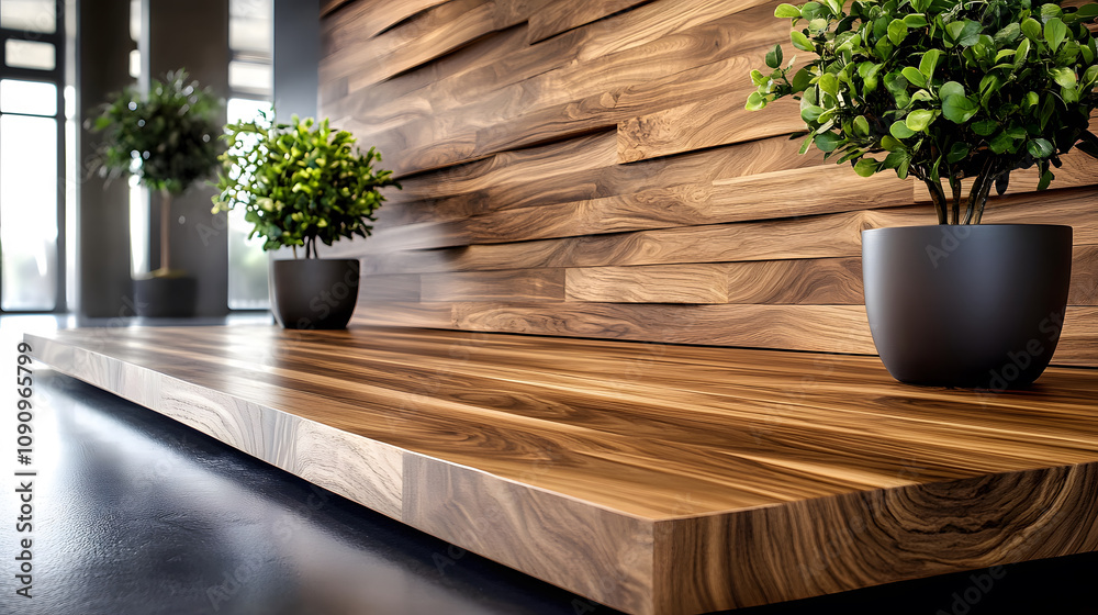 Poster a stylish wooden shelf with a textured wall and potted greenery, creating a modern and inviting inte