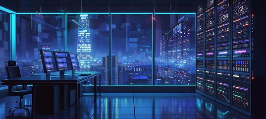 Obraz premium Cybersecurity Operation Displayed on a Large Screen Featuring a Global World Map with Data and Threat Analysis Visualization