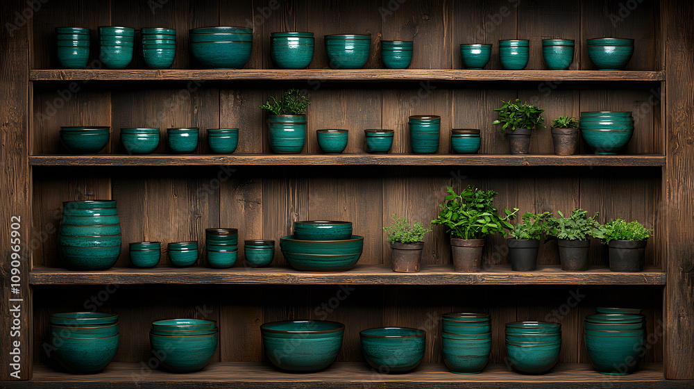 Poster a collection of green ceramic pots arranged on wooden shelves, some filled with small plants, creati