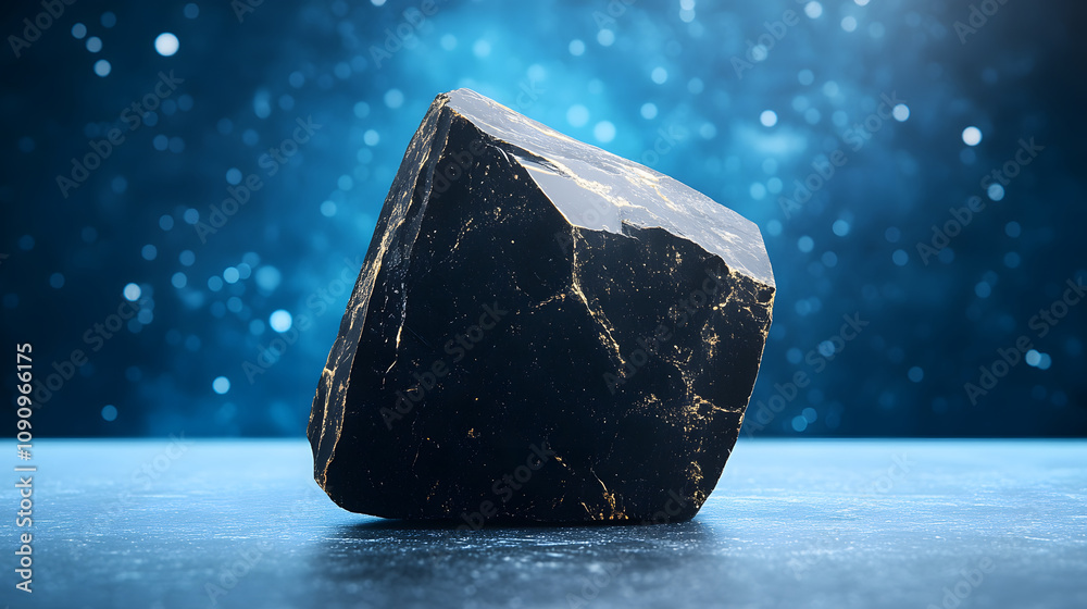 Poster A dark, angular rock sits on a reflective surface, illuminated by a soft glow, creating a mystical atmosphere