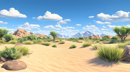 Obraz premium A serene desert landscape featuring sandy dunes, scattered rocks, green shrubs, and a clear blue sky with fluffy clouds