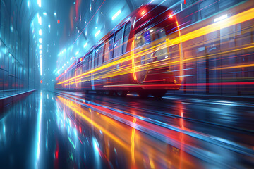 Fototapeta premium Futuristic train moving through a vibrant, neon-lit underground tunnel with motion blur and reflections.
